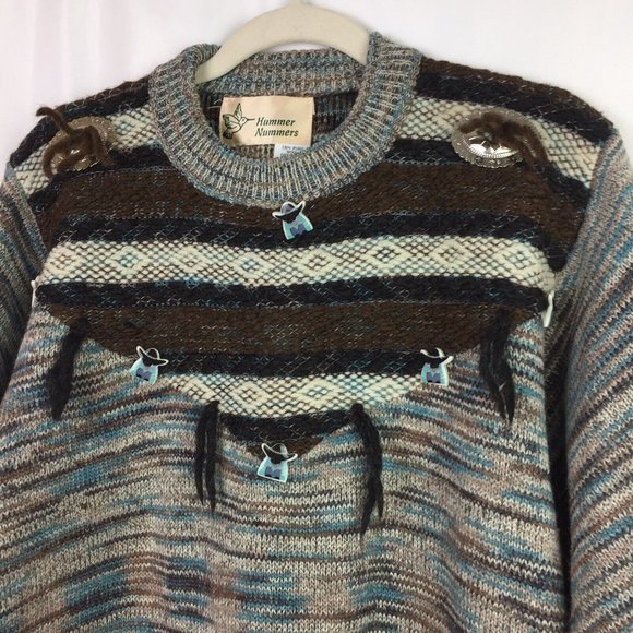 Southwestern Womens Long Med Wool Sweater Brown Turquoise Hummer Nummers Siesta - Picture 4 of 6